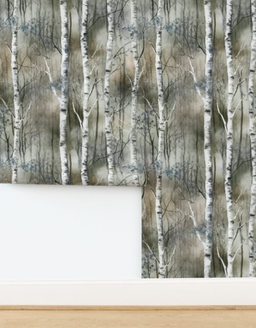 Endless Silver Birch Tree Dreamscape in Misty Brown and Blue Wallpaper