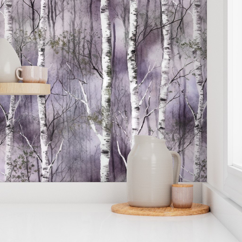 Endless Silver Birch Tree Dreamscape in Misty Purple and Green Wallpaper