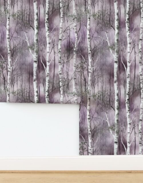 Endless Silver Birch Tree Dreamscape in Misty Lilac and Moss Green Wallpaper