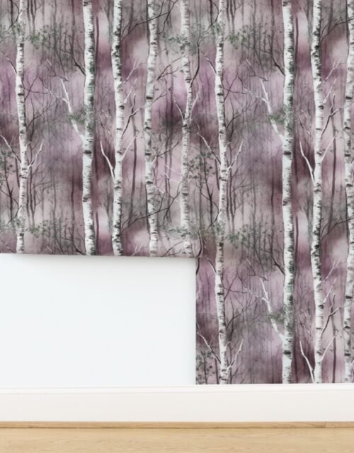 Endless Silver Birch Tree Dreamscape in Misty Rose and Moss Green Wallpaper