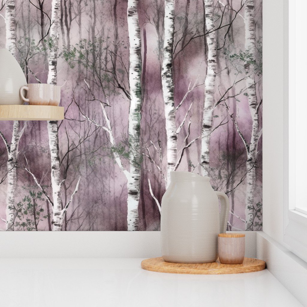 Endless Silver Birch Tree Dreamscape in Misty Rose and Moss Green Wallpaper