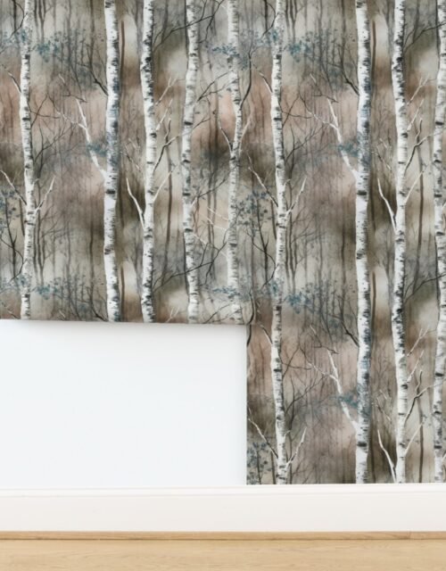 Endless Silver Birch Tree Dreamscape in Misty Taupe and Slate Blue Wallpaper