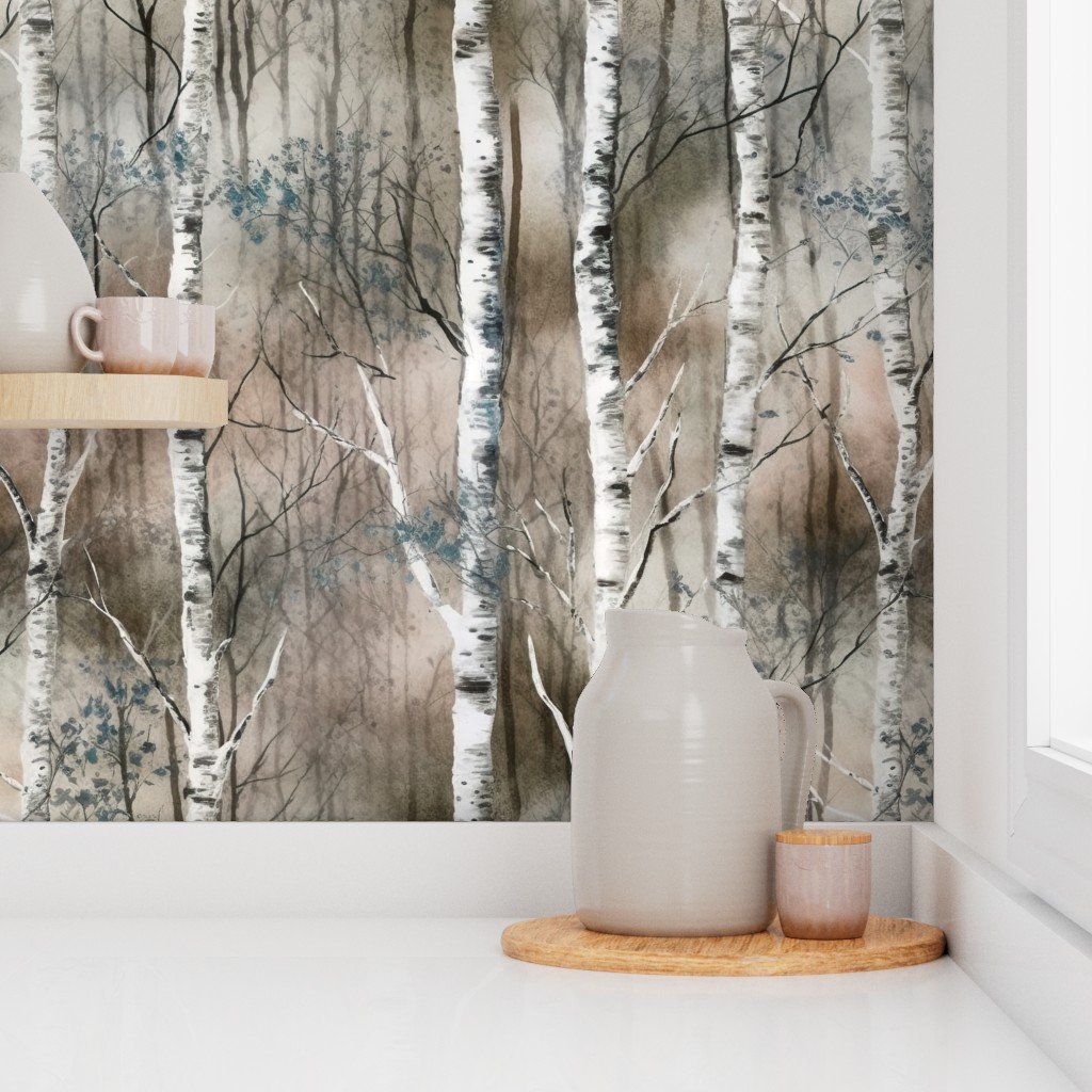 Endless Silver Birch Tree Dreamscape in Misty Taupe and Slate Blue Wallpaper