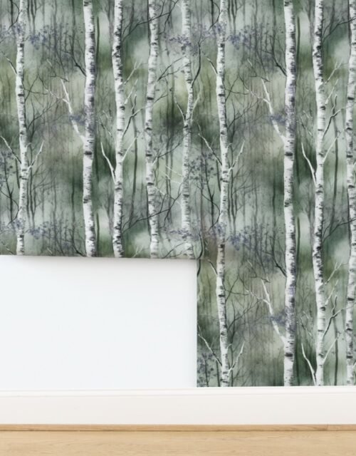 Endless Silver Birch Tree Dreamscape in Misty Green and Lavender Wallpaper