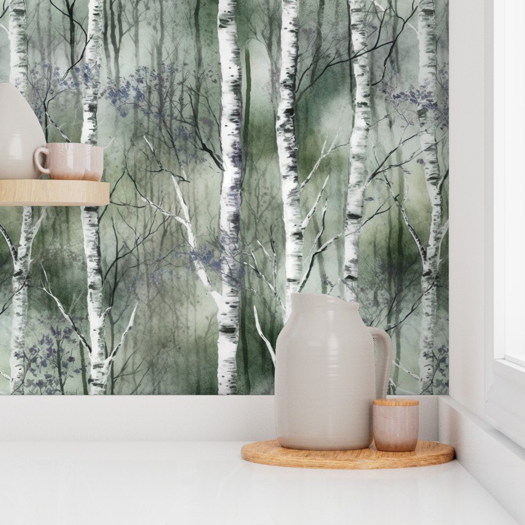 Endless Silver Birch Tree Dreamscape in Misty Green and Lavender Wallpaper