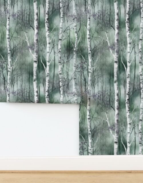 Endless Silver Birch Tree Dreamscape in Misty Green and Soft Lavender Wallpaper