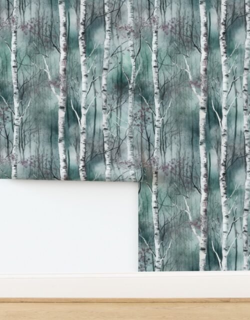 Endless Silver Birch Tree Dreamscape in Misty Green and Blush Pink Wallpaper