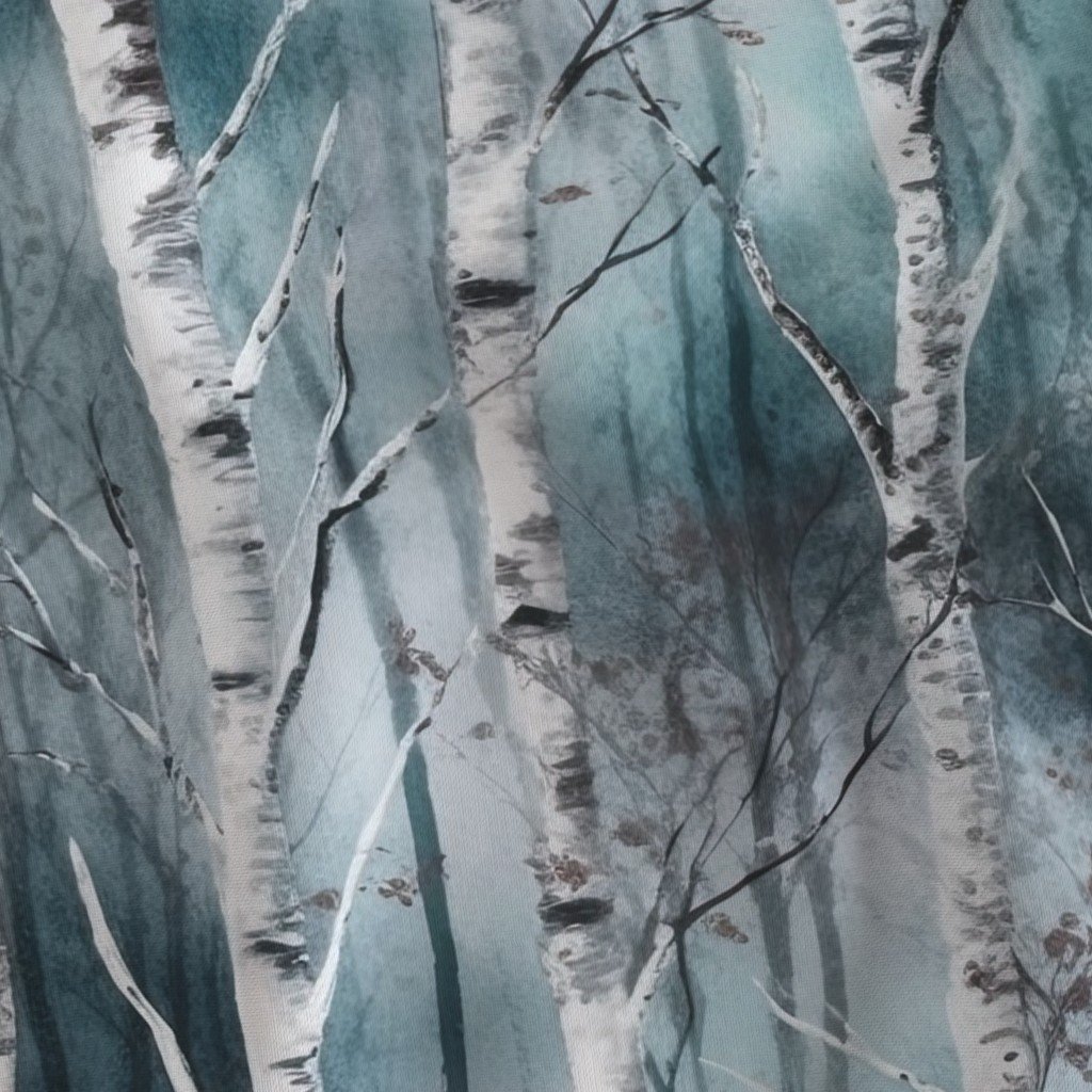 Endless Silver Birch Tree Dreamscape in Misty Teal and Soft Red