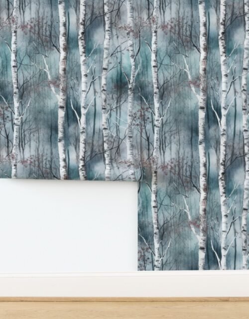 Endless Silver Birch Tree Dreamscape in Misty Teal and Soft Red Wallpaper