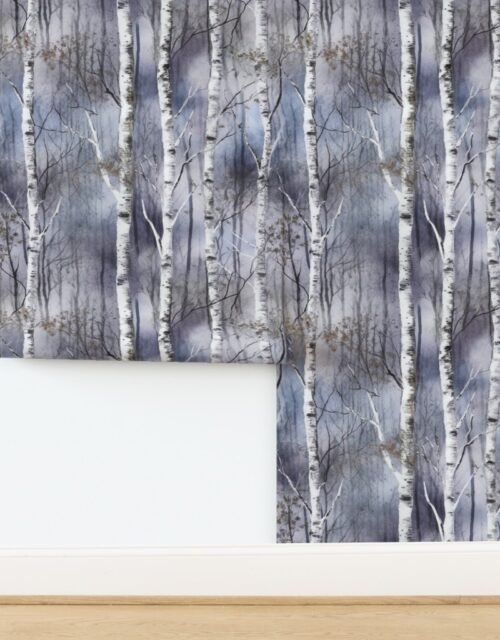 Endless Silver Birch Tree Dreamscape in Misty Blue and Brown Wallpaper