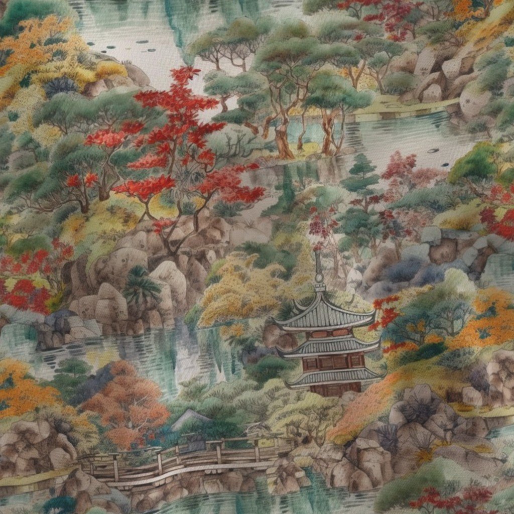 Small Japanese Water Garden Watercolor with Temples