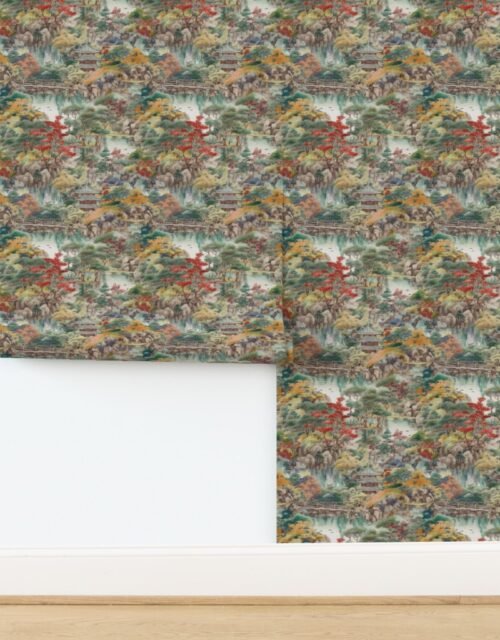 Small Japanese Water Garden Watercolor with Temples Wallpaper