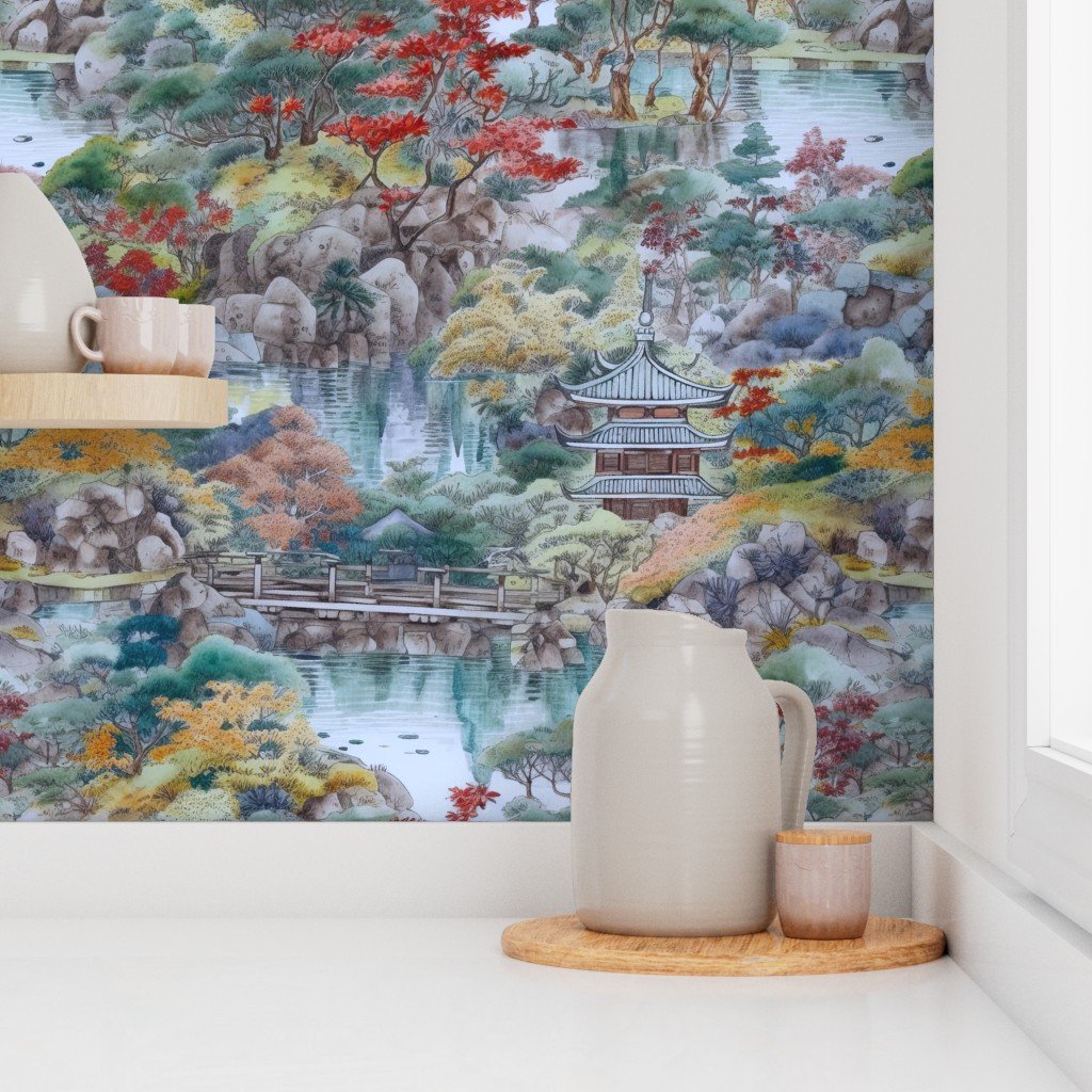 Japanese Autumn Water Garden Watercolor with Temples in Soft Blue and Red Wallpaper
