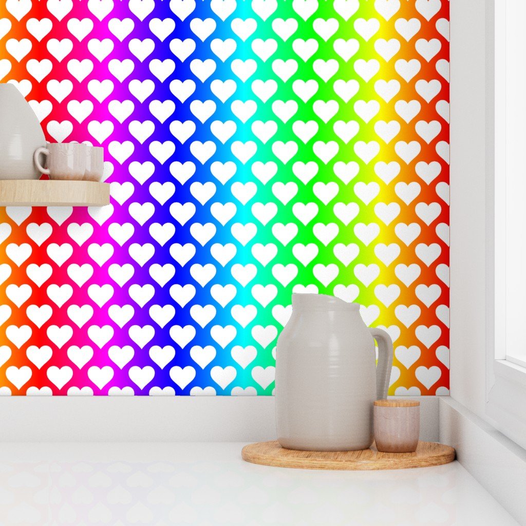 Rainbow Heart Symphony in Bold on White Wallpaper