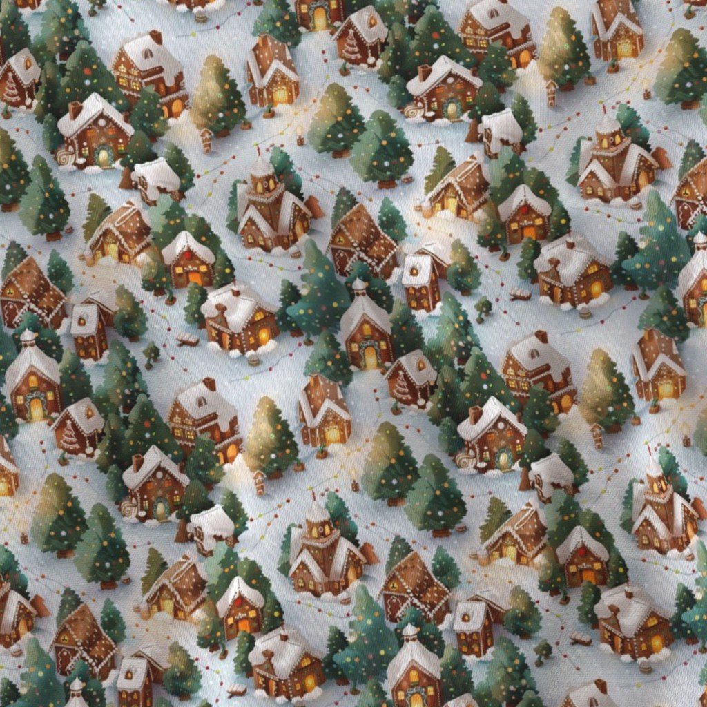 Small Snowy Gingerbread Village with Festive Lights and Christmas Trees