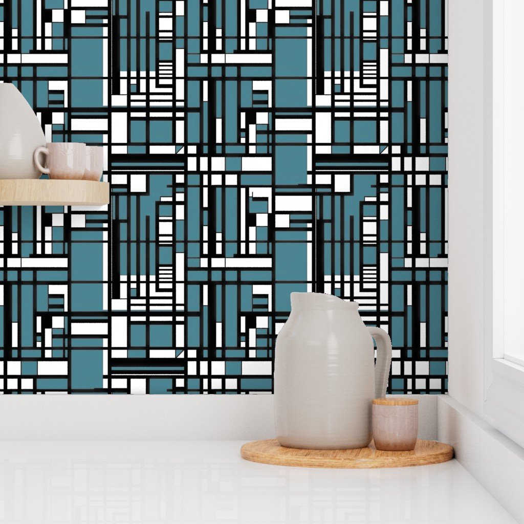 Dusty Teal Modernist City Blocks Geometric Pattern Wallpaper