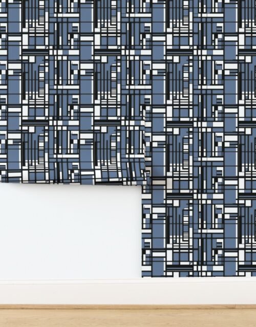 Slate Blue Modernist City Blocks Geometric Pattern Wallpaper