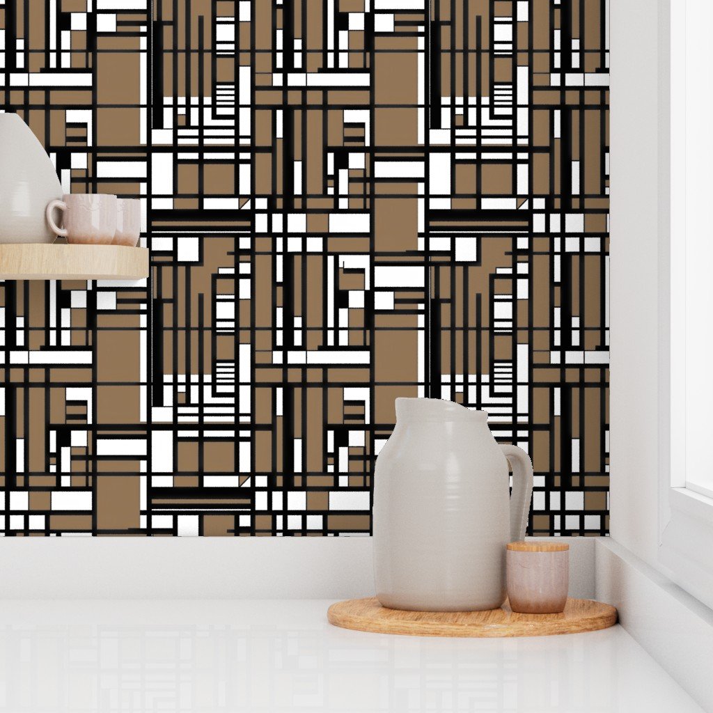 Taupe Brown Modernist City Blocks Geometric Pattern Wallpaper