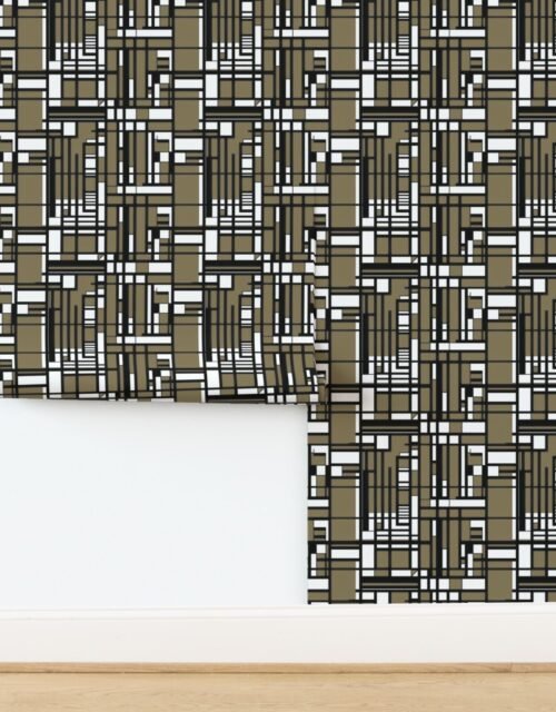 Olive Brown Modernist City Blocks Geometric Pattern Wallpaper