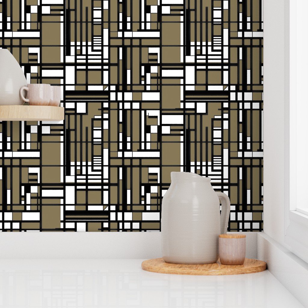 Olive Brown Modernist City Blocks Geometric Pattern Wallpaper