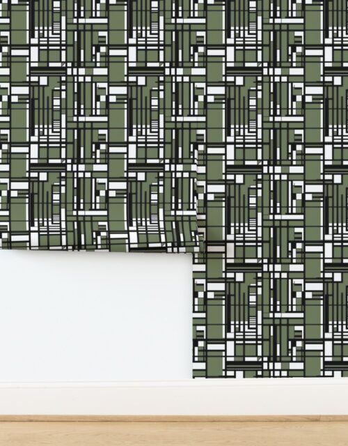 Sage Green Modernist City Blocks Geometric Pattern Wallpaper
