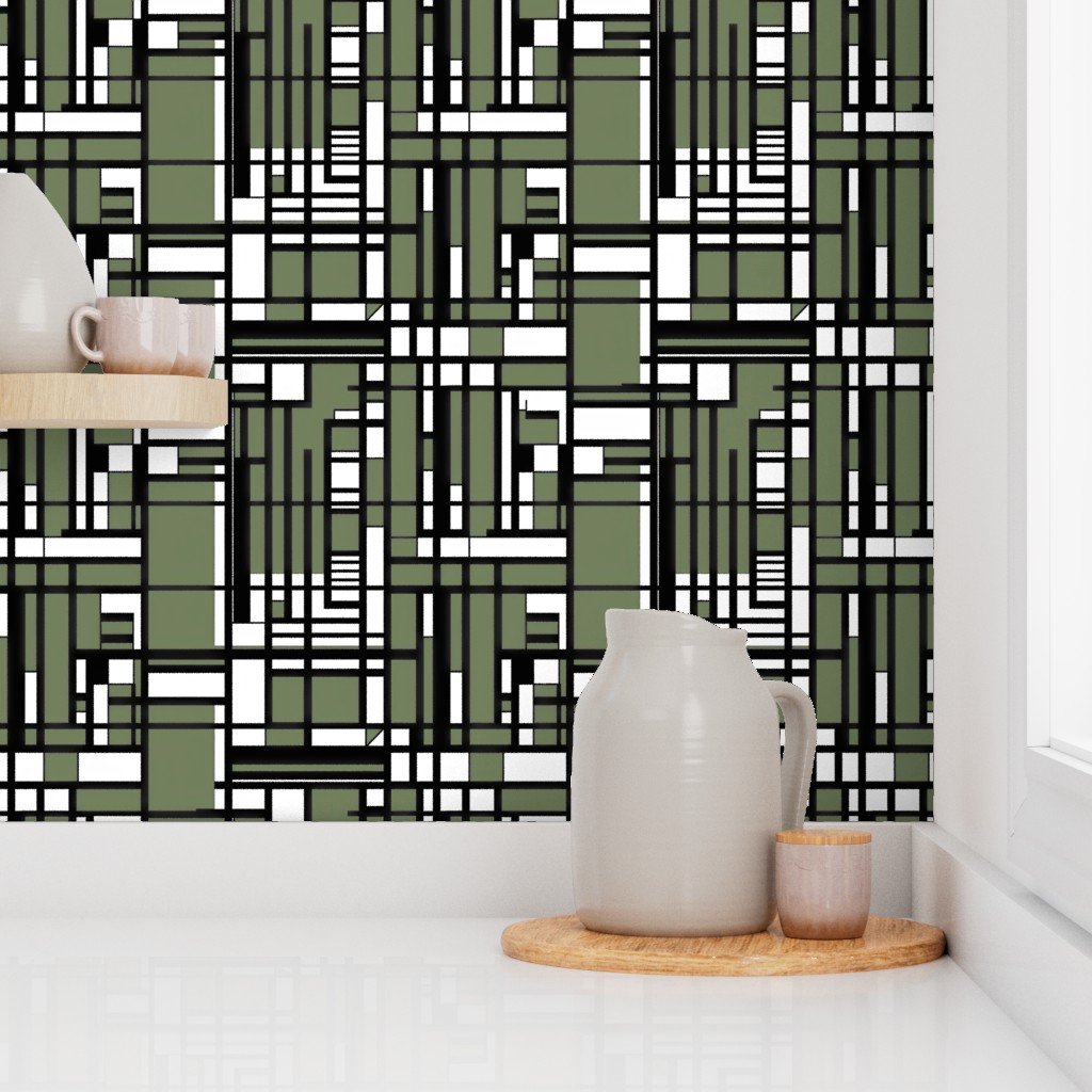 Sage Green Modernist City Blocks Geometric Pattern Wallpaper