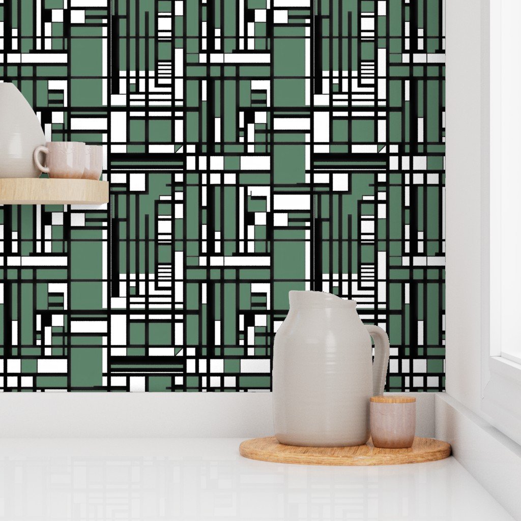 Eucalyptus Green Modernist City Blocks Geometric Pattern Wallpaper