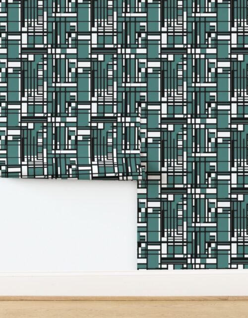 Dusty Teal Modernist City Blocks Geometric Pattern Wallpaper