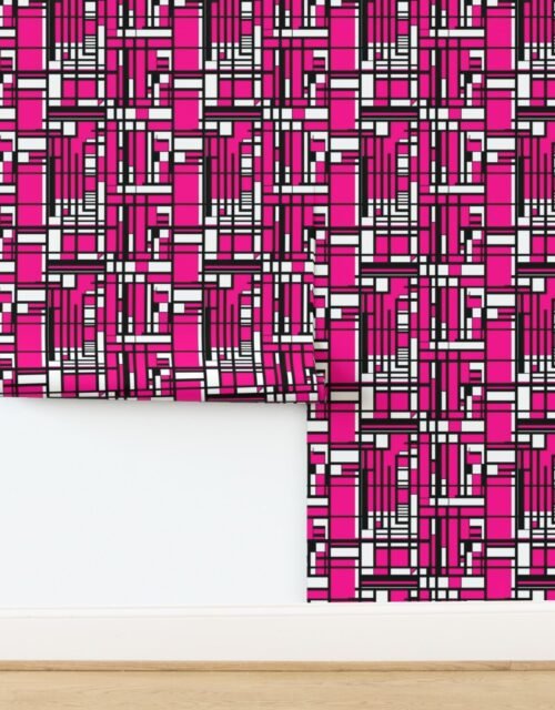 Neon Magenta Modernist City Blocks Geometric Pattern Wallpaper