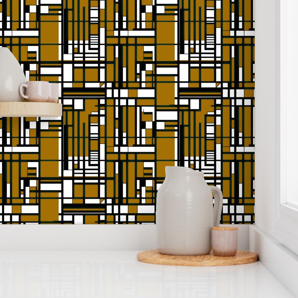 Mustard Gold Modernist City Blocks Geometric Pattern Wallpaper
