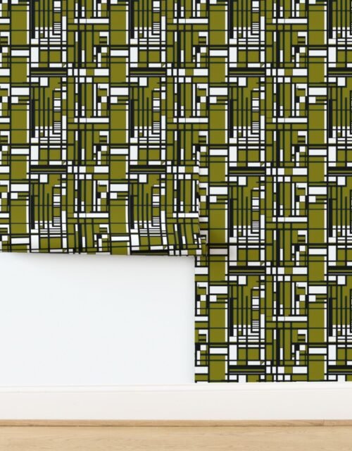 Olive Green Modernist City Blocks Geometric Pattern Wallpaper