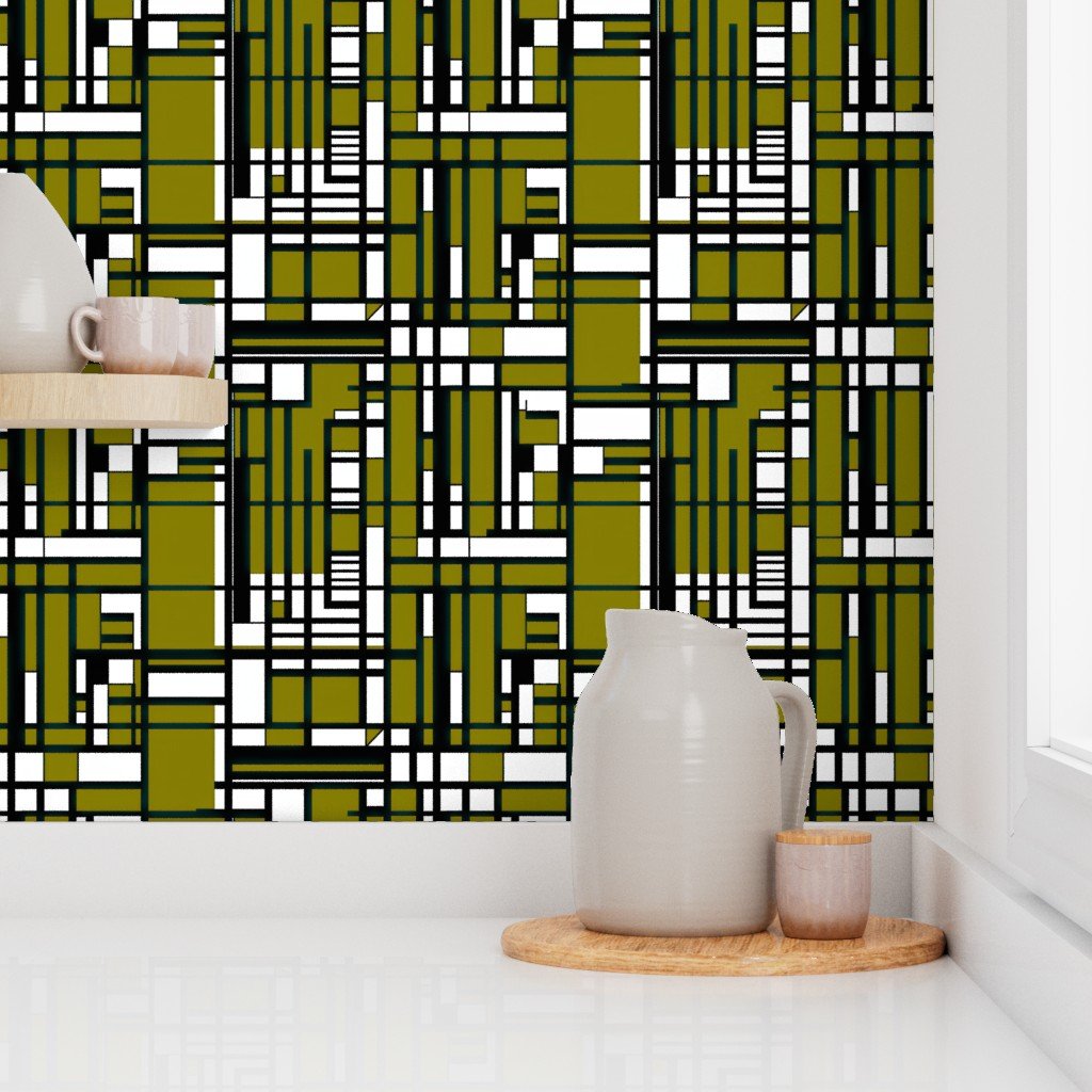 Olive Green Modernist City Blocks Geometric Pattern Wallpaper
