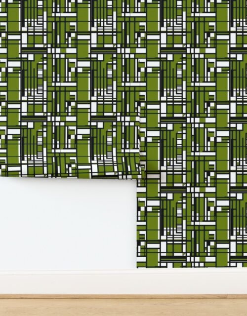 Moss Green Modernist City Blocks Geometric Pattern Wallpaper