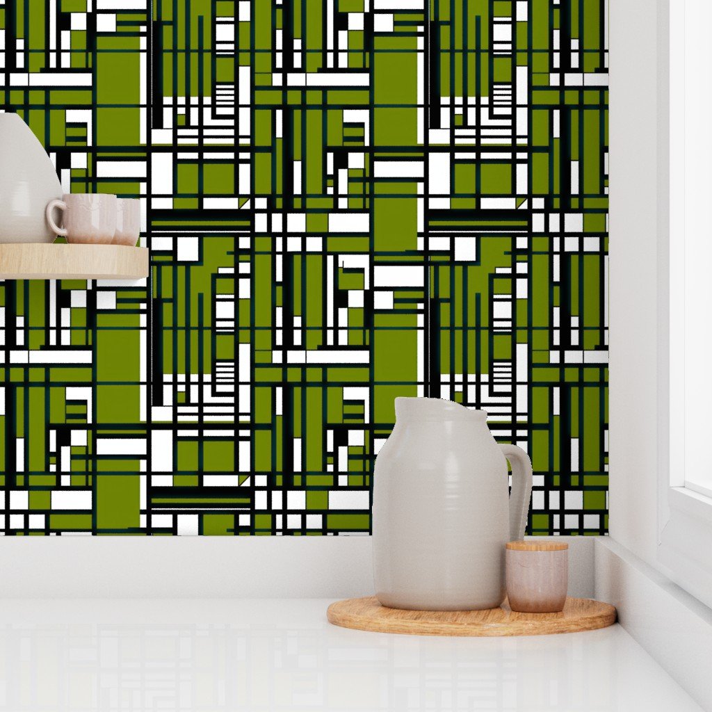 Moss Green Modernist City Blocks Geometric Pattern Wallpaper