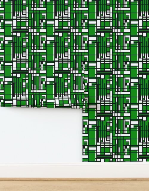 Bright kelly green blocks energize this bold geometric grid design with cri Wallpaper