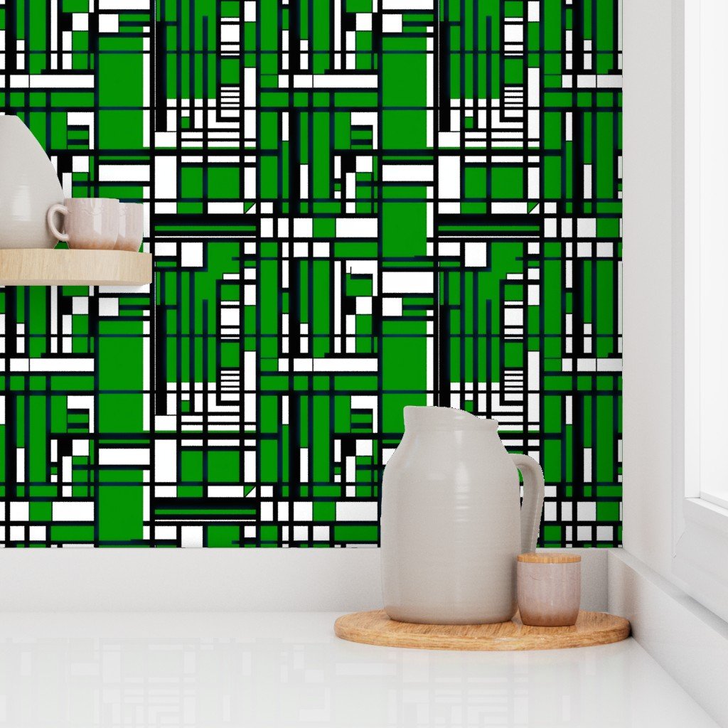 Bright kelly green blocks energize this bold geometric grid design with cri Wallpaper