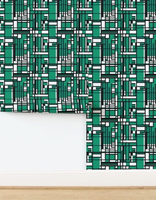 Teal Green Modernist City Blocks Geometric Pattern Wallpaper