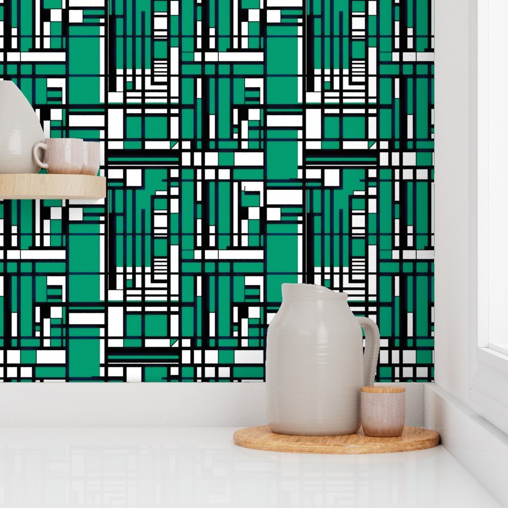 Teal Green Modernist City Blocks Geometric Pattern Wallpaper