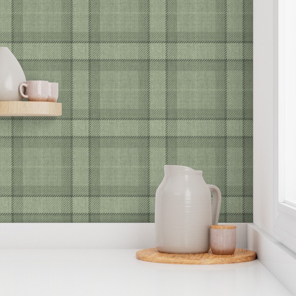 Sage Green and Soft Olive Tartan Wool-Style Plaid Fabric Wallpaper