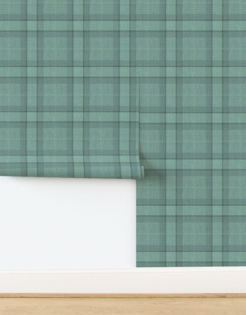 Dusty Teal and Misty Aqua Wool-Texture Tartan Plaid Fabric Wallpaper