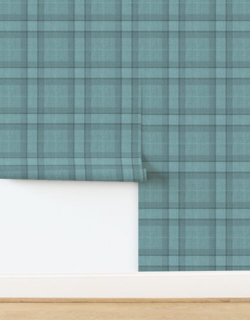 Arctic Blue and Cool Slate Wool-Style Tartan Plaid Fabric Wallpaper