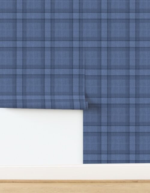 Denim Blue and Steel Gray Wool-Texture Tartan Plaid Fabric Wallpaper