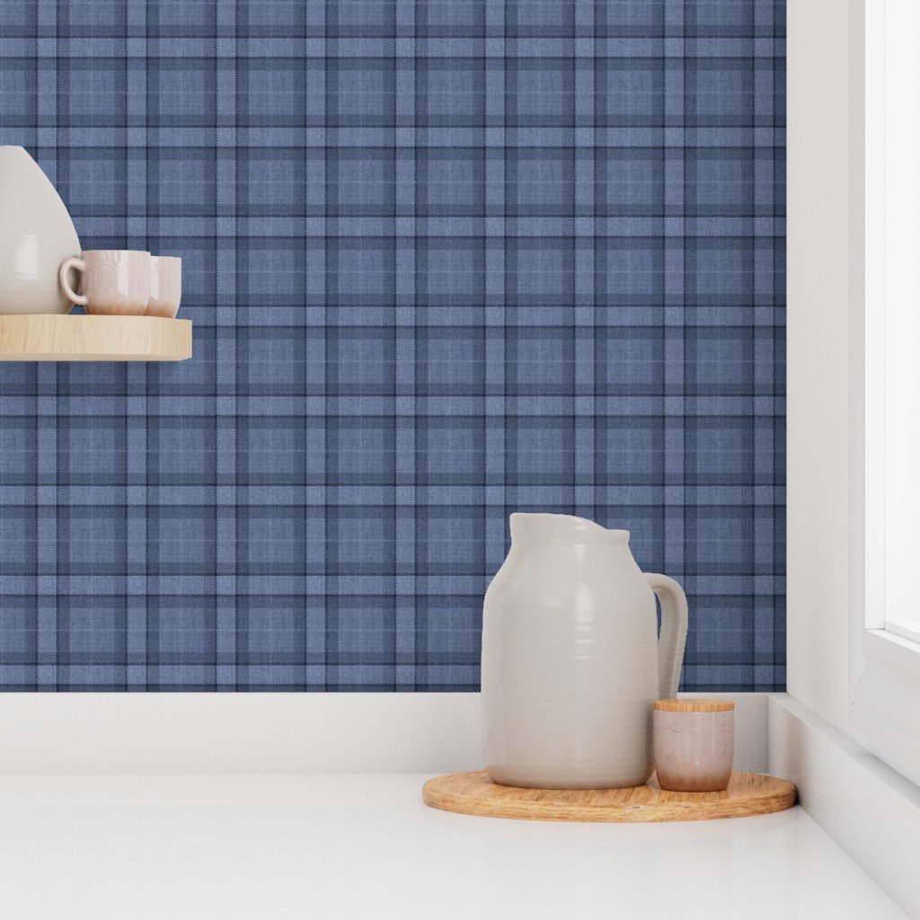 Mid Denim Blue Farmhouse Checkered Cowboy Plaid Fabric Wallpaper