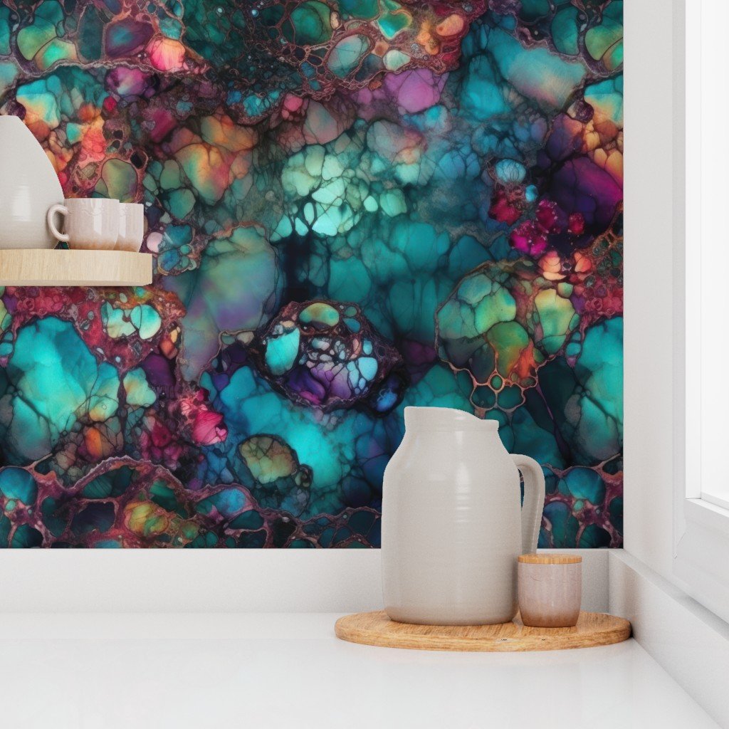 Inky Opal Swirl with Teal Blue and Metallic Gold Veins Wallpaper