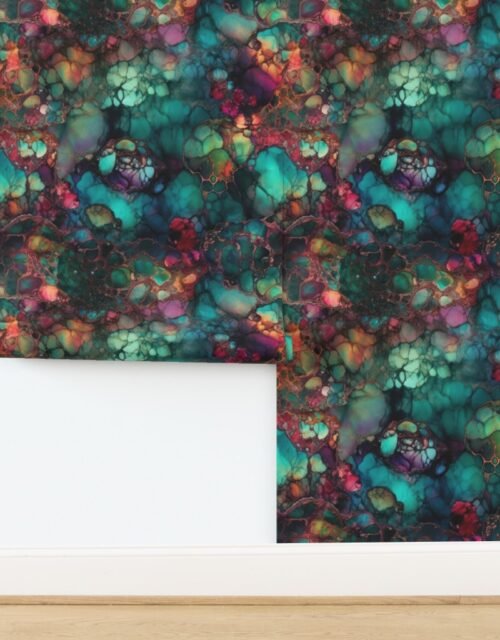 Inky Opal Swirl with Emerald Teal and Warm Ruby Accents Wallpaper