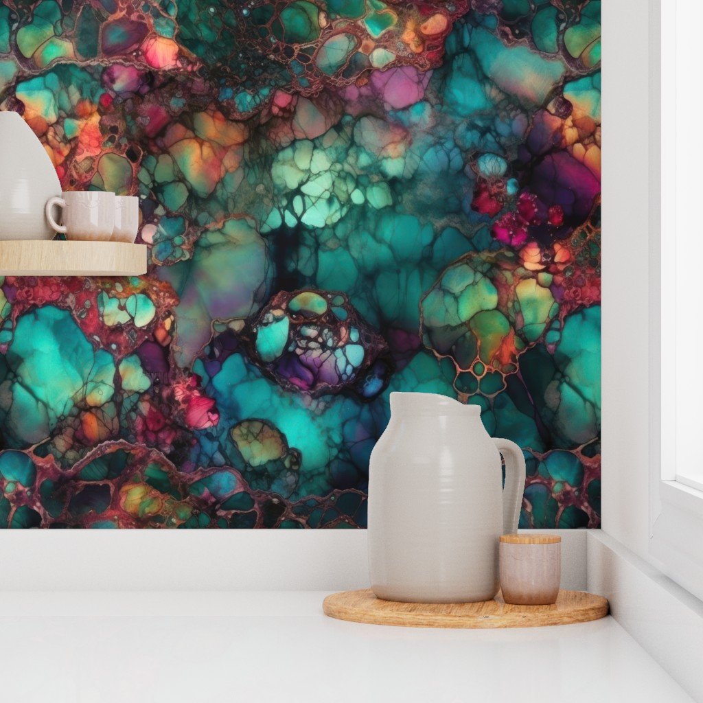 Inky Opal Swirl with Emerald Teal and Warm Ruby Accents Wallpaper