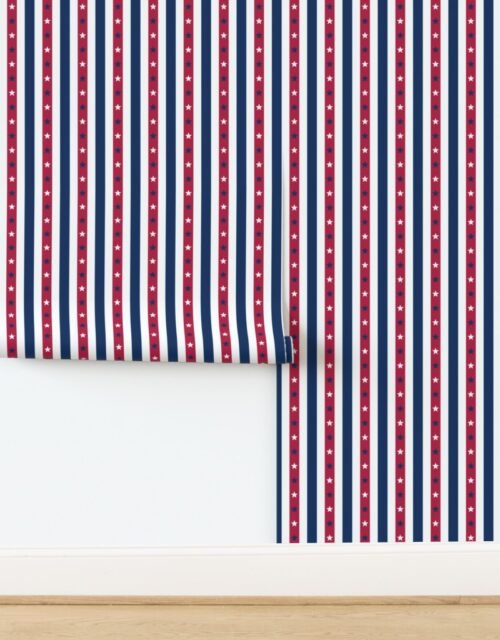 USA Flag Colors of Red White and Blue with Stars in Alternating 1 Inch Wallpaper