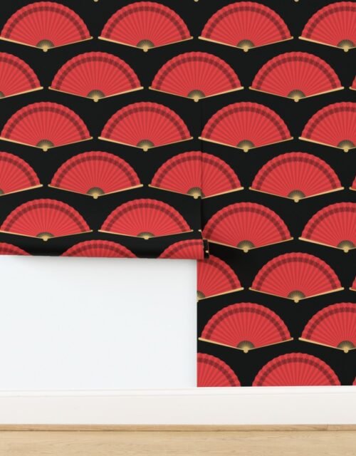 Chinese Red Folding Fans Pattern on Black Background Wallpaper