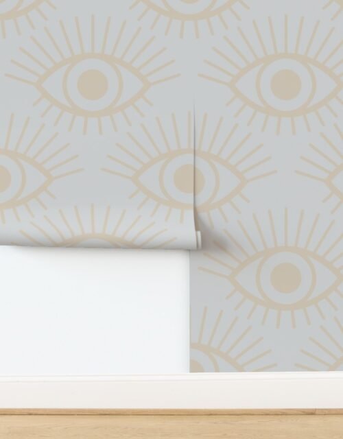 Mystical Eye Symbol in Warm Beige and Light Dove Grey Narrow Spaced Wallpaper