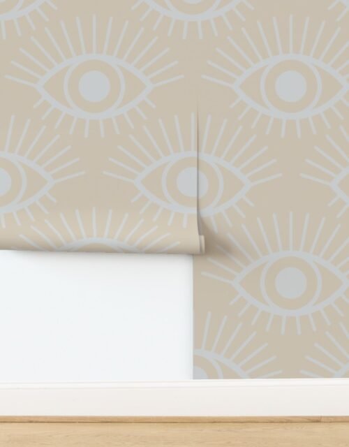 Mystical Eye Symbol in Warm Beige and Light Dove Grey Narrow Spaced Wallpaper